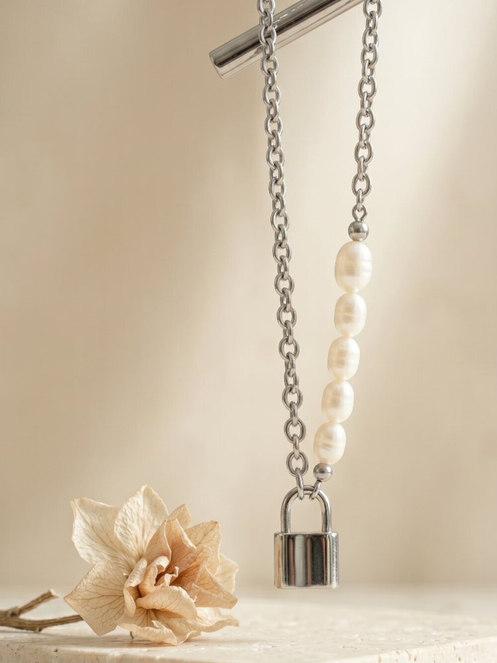 18K White Gold Plated Padlock Pearl Necklace 16" Coquette Old Money Freshwater